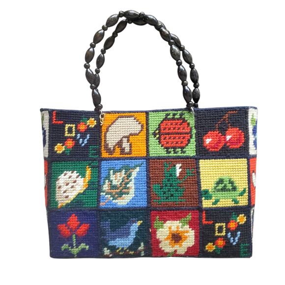 Vintage Needlepoint Folk Patchwork Tote Bag w/ Beaded Handles - Picture 1 of 7
